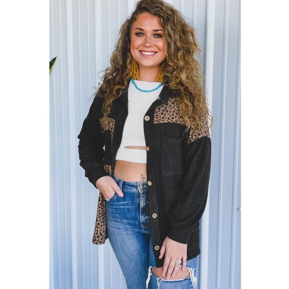 Azura Exchange  Black Leopard Print Patchwork Shacket - Picture 5 of 5